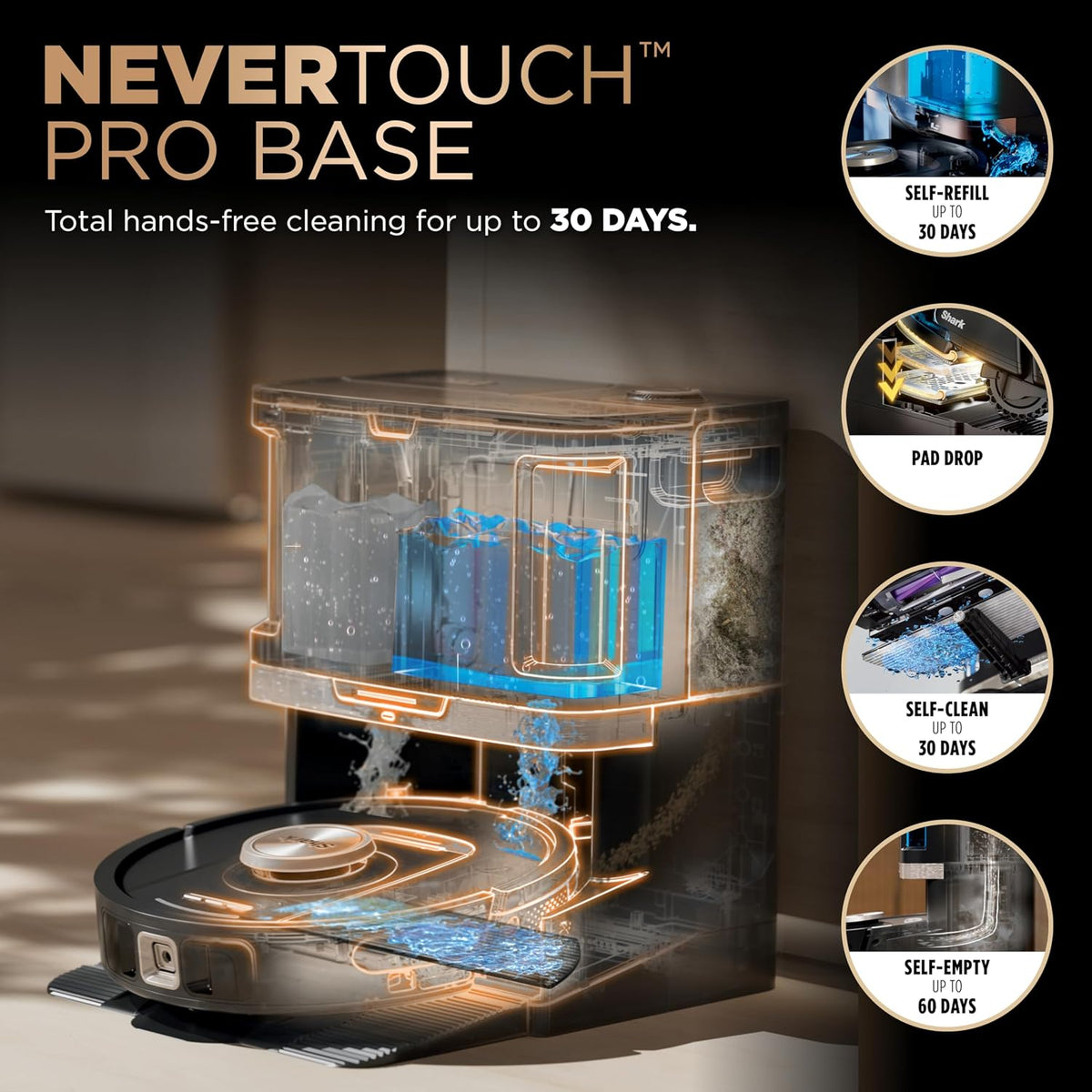 Shark PowerDetect NeverTouch Pro Robot Vacuum & Mop, Black,AV2800ZEBK | 5 PowerDetect Technologies, NeverStuck, NeverTouch Pro Base (Self-Empty 60-Day, Refill, Pad Wash/Dry), 360° LiDAR + 3D Sensor