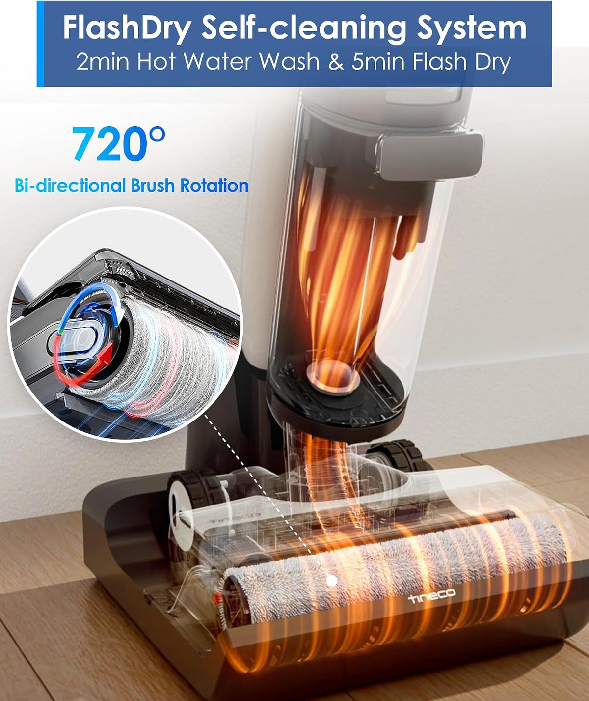 Tineco Floor ONE S7 FlashDry Smart Cordless Wet Dry Vacuum Cleaner, Long Runtime, Great for Sticky Messes, Self-Cleaning, 158℉Hot Air FlashDrying, Dual-Sided Edge Cleaning, Extended Battery Lifespan